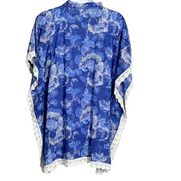 Pure Nordic Cotton House Dress Medium Beach Cover Kaftan Boho Blue Floral & Lace - Picture 6 of 8